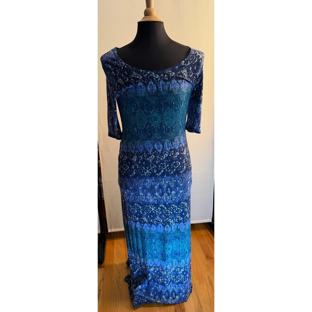 Cynthia Rowley Blue Teal Printed Short Sleeve Maxi Dress Size Large L stretch